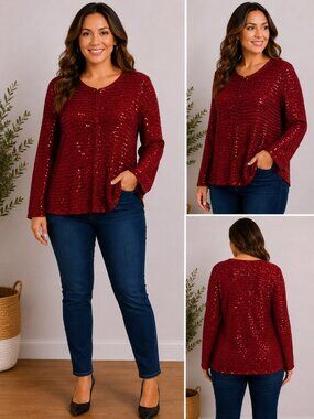 INC Women's Deep Red Sequin Knit Sweater Top – Size 1X – NWT $109